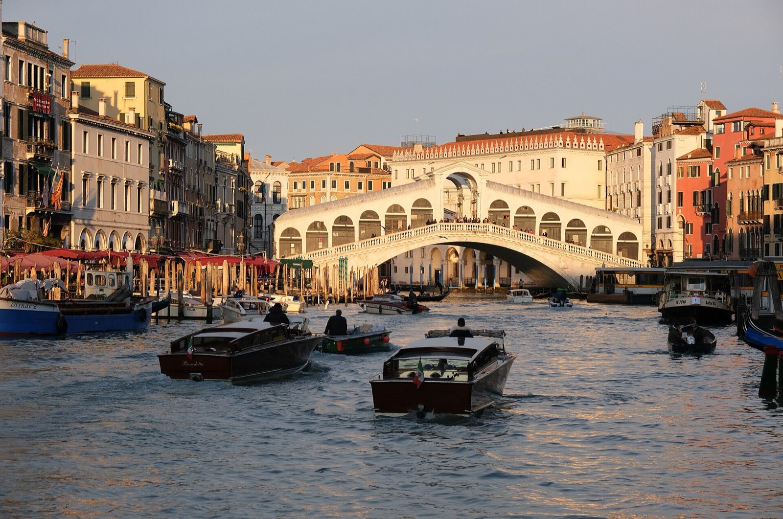 The Rialto Bridge over the Grand Canal in Venice in warm evening light