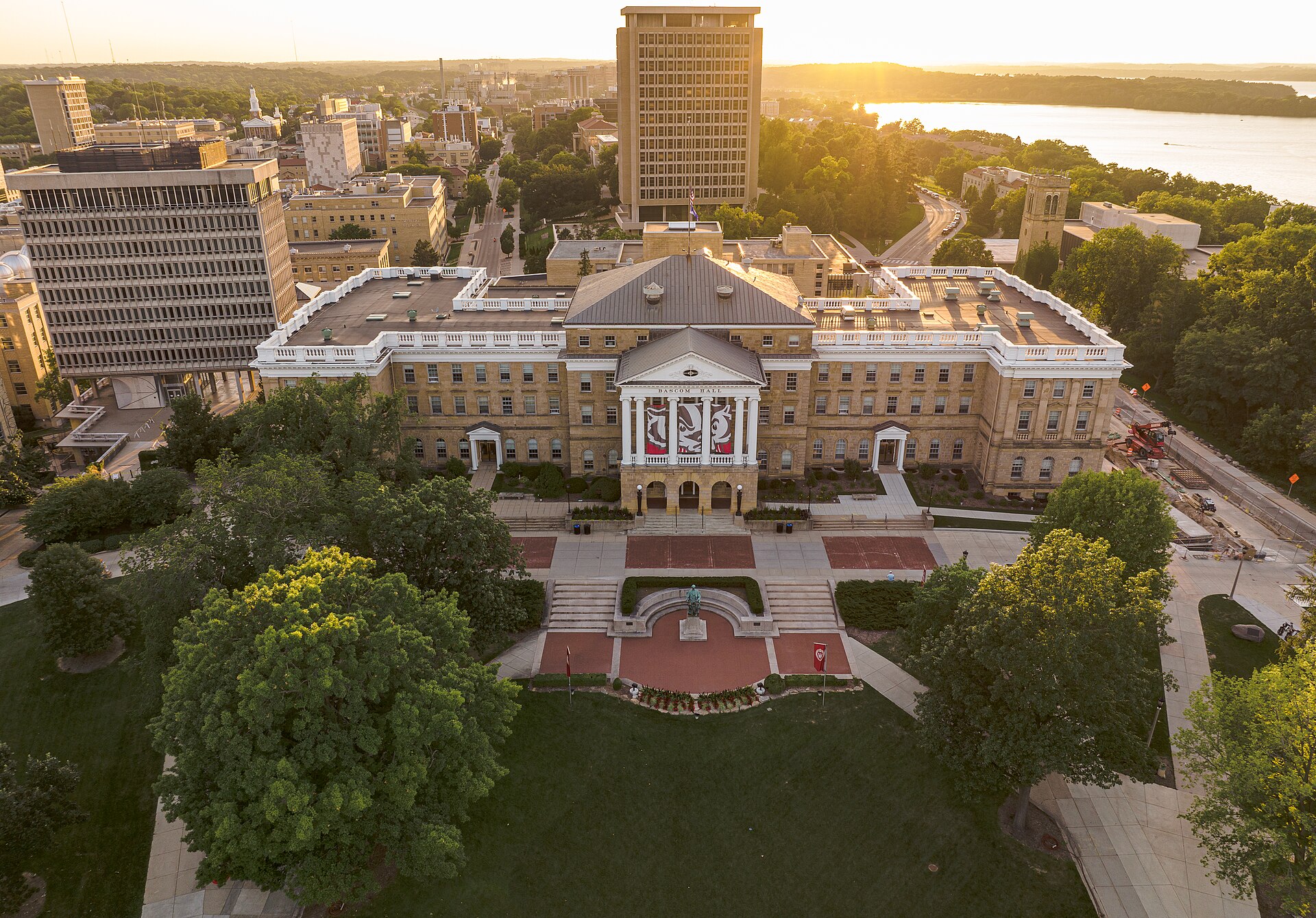 Bascom Hall at the top of Bascom Hill at the University of Wisconsin–Madison, with Lake Mendota beyond