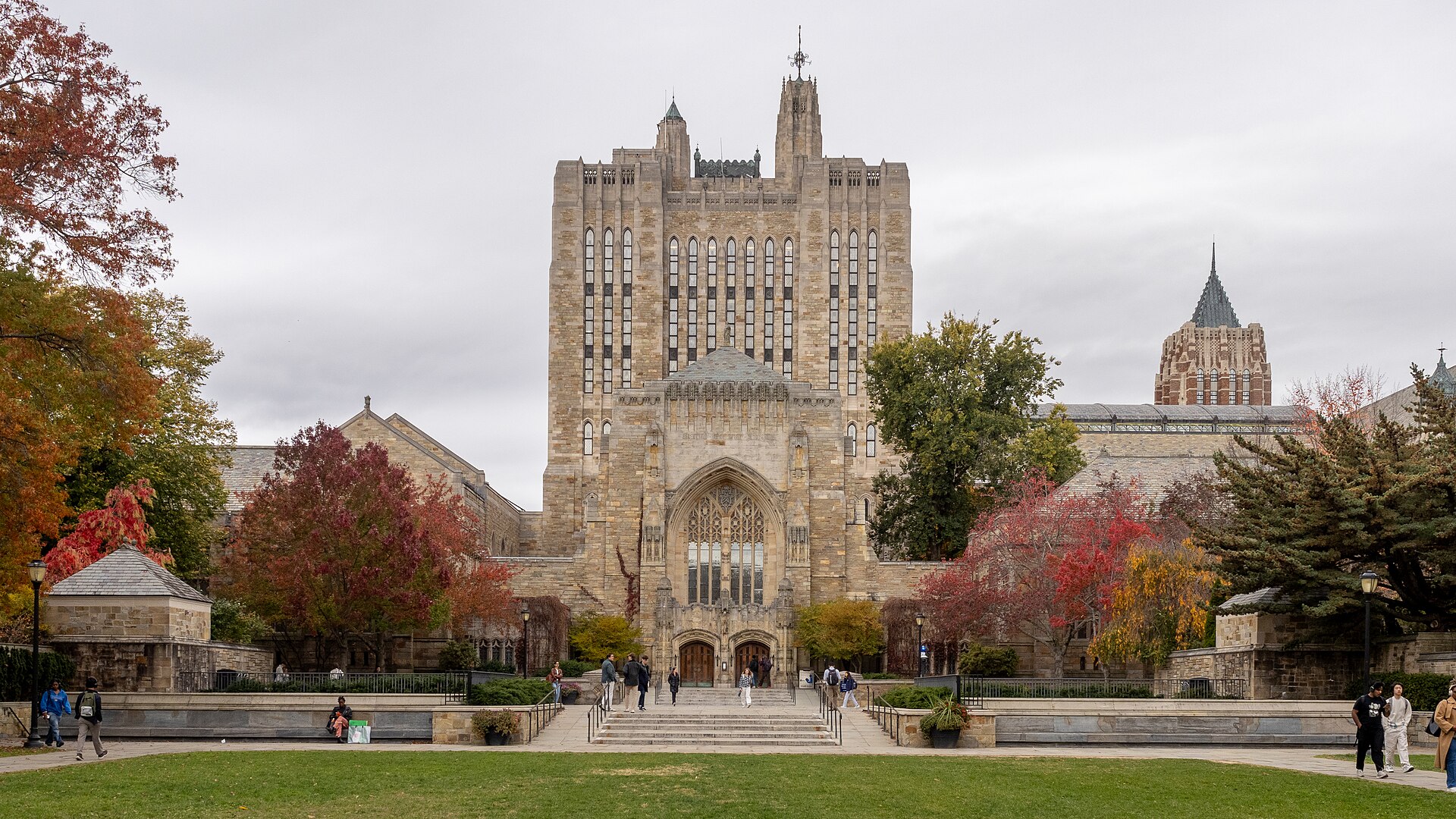 The Gothic stone facade of Sterling Memorial Library at Yale in New Haven